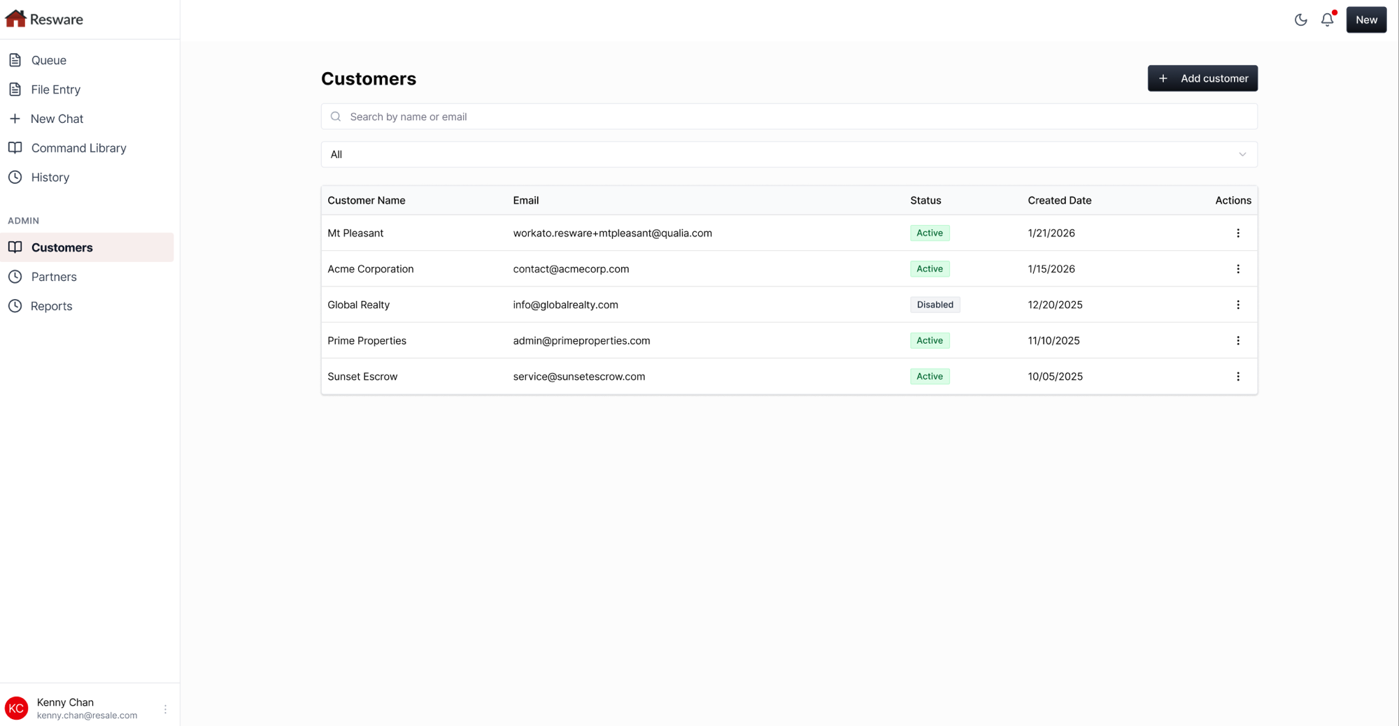 Admin Tool — customers list