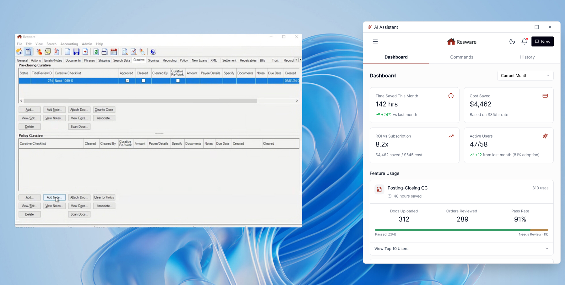 AI Assistant: company-level dashboard showing time saved, cost saved, ROI, adoption, and feature usage