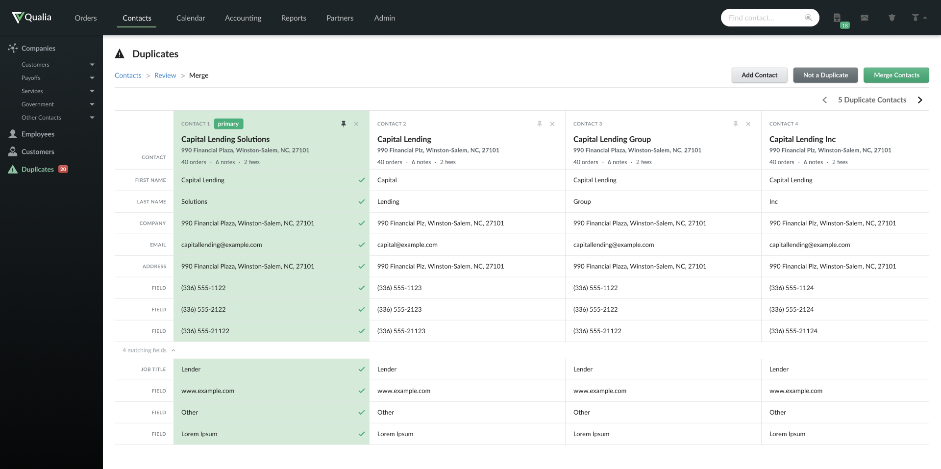 Duplicate Contacts: side-by-side comparison, differing fields shown first