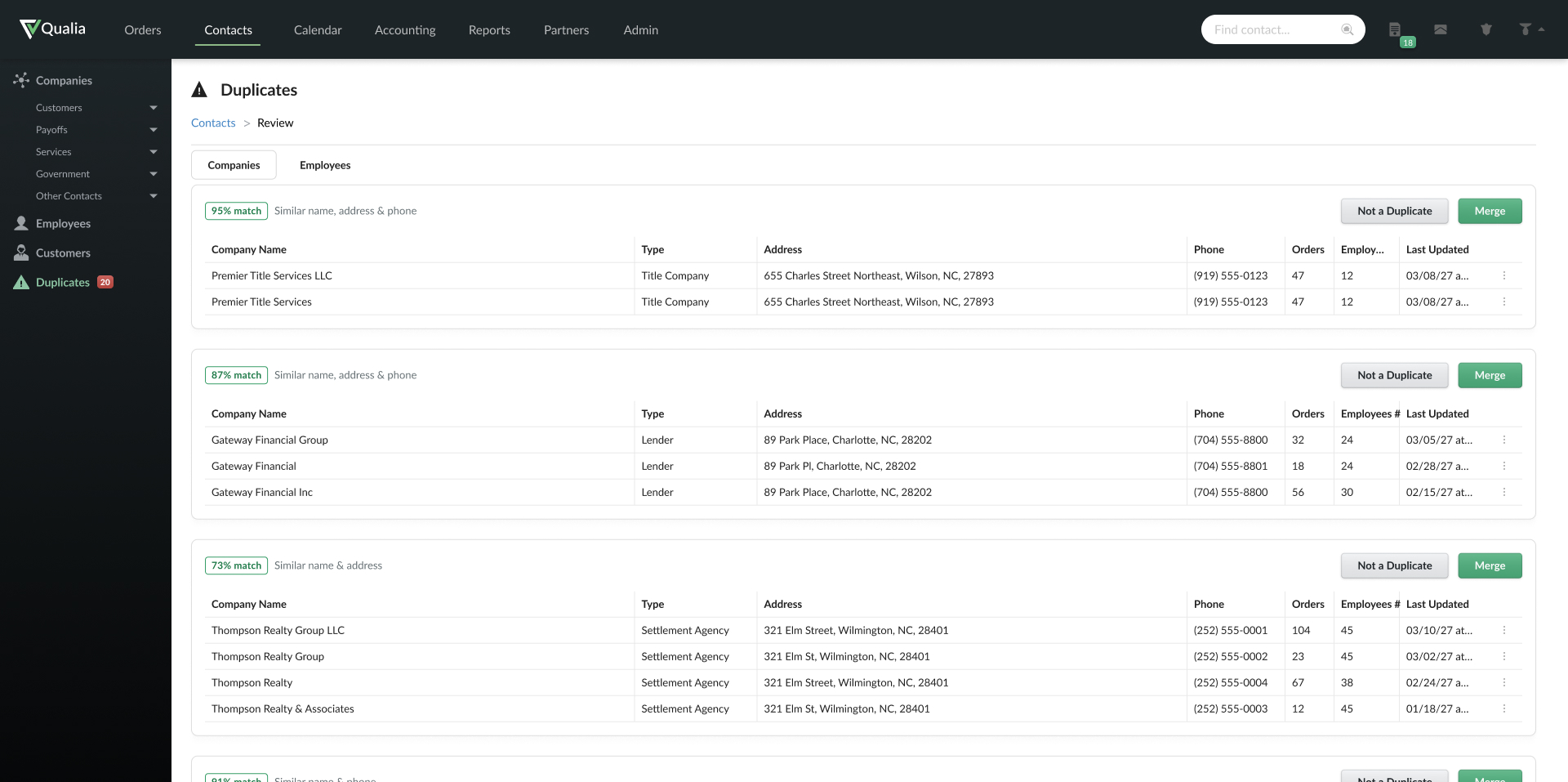 Duplicate Contacts: review list with match-confidence scores